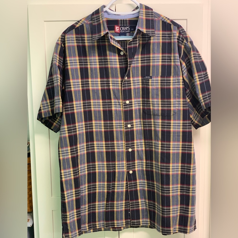 Chaps, Ralph Lauren, men’s shirt size, large blue plaid